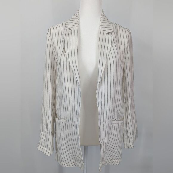 Rachel Zoe Linen White and Black Pinstriped Open Front Collared Blazer Small - Picture 1 of 10